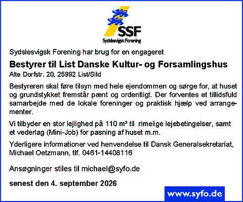 Bestyrer til List Danske Kultur- og Forsamlingshus søges