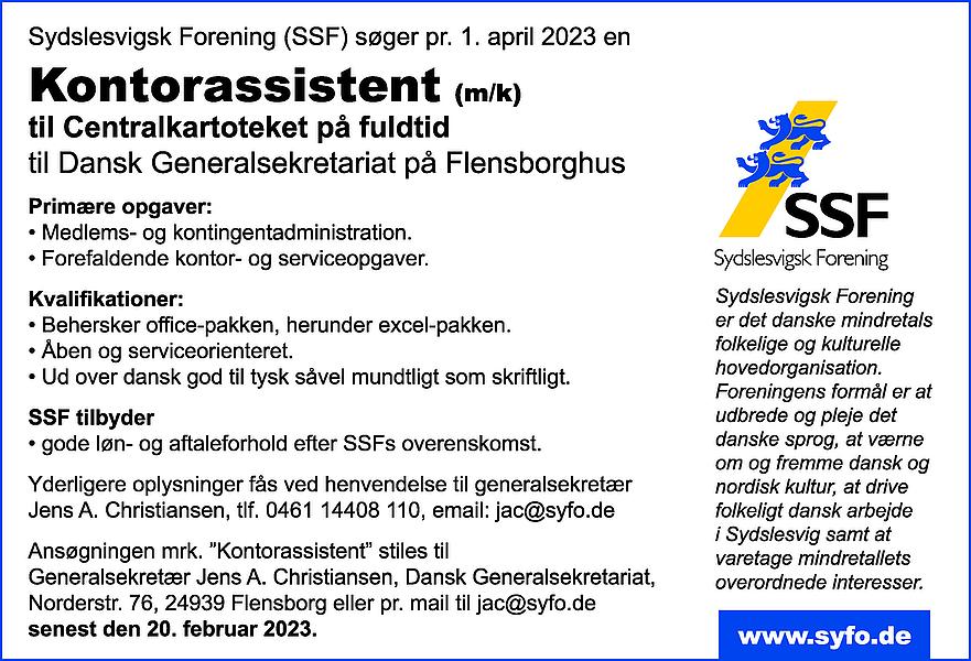 Sydslesvigsk Forening (SSF) søger pr. 1. april 2023 en Kontorassistent (m/k) til Centralkartoteket på fuldtid.