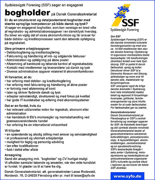 Sydslesvigsk Forening (SSF) søger en engageret bogholder på Dansk Generalsekretariat.